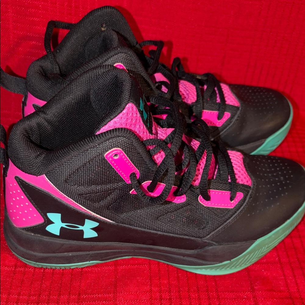 Girl’s Size 4Y UNDER ARMOUR UA BASKETBALL SHOES BLACK PINK TEAL SNEAKERS